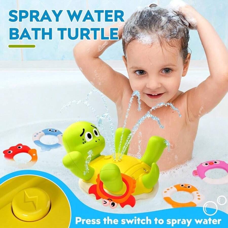 Juguete de baño de tortuga rociadora eléctrica recargable - Incluye 5 anillos apilables y cabezal rociador giratorio, juego sensorial interactivo para niños pequeños de 18 meses a 6 años, regalo perfecto para Halloween, Pascua, Navidad, cumpleaños, Acción de Gracias