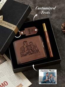 Conjunto de Presente de Carteira Personalizada com Foto e Texto Gravados em Couro, Chaveiro, Caneta e Caixa de Presente para Pai, Marido, Aniversário e Presente de Aniversário - Castanho - Visão 6
