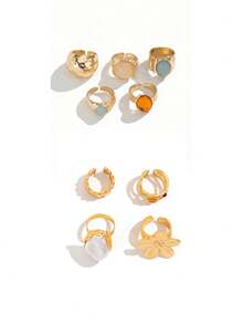 9pcs/Set Vintage Asymmetrical Liquid Lava Ring Set, Exaggerated Daisy Faux Pearl Rings, Suitable For Party, Holiday, Gift, Daily Wear - Gold - View 2