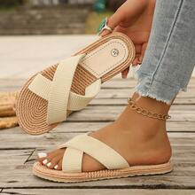 女士亚麻布套脚拖鞋，编织纹理，1.5厘米鞋跟，防滑，耐穿，休闲，适合度假、海滩、夏季穿着，平底凉鞋 - 米色 - 查看 5