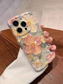 Blu-Ray Oil Painting Floral Phone Case, Compatible With APPLE17/17Air/17pro/17promax/16/16pro/16plus/16promax15 Pro Max 15 Pro 15 14 Pro Max 14 Pro 14 13 ProMax 13 Pro 13 12 ProMax 12 Pro 12/15/15Promax Wavy Edge - Green - View 1