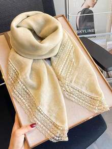 1pc Lace Trim Cotton Linen Lightweight Scarf, Summer Shawl Wrap, High-End Silk Scarf Gift - Multicolor - View 14