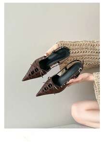 Brown Pointed Toe Rivet Bow Tie High Heel Sandals, Unique Heel Design, Versatile Wear With Dresses, Summer New Arrival - Brown - View 7