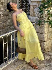 2026春夏新款奶油黄荷叶边系带吊带长裙，女士夏季长裙，春季穿搭，情人节连衣裙，派对连衣裙，沙滩连衣裙，优雅连衣裙，Y2K风格，街头时尚，波西米亚风，乡村风，嘉年华，婚礼宾客连衣裙，生日连衣裙，复活节连衣裙，节日穿搭，毕业礼服，外出服，舞会礼服，伴娘礼服 - 黃色 - 查看 5