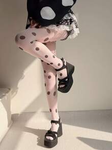 1 Pair Large Polka Dot Stockings, Fashionable Boho Style Dot Print, Ultra-Thin Sheer Tights, Sexy Pantyhose For Women - Black and White - View 4