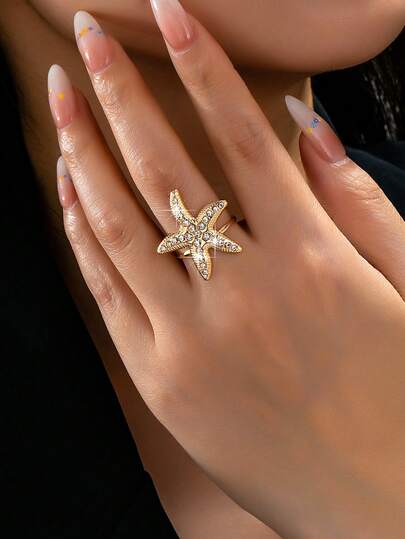 1 pieza Anillo abierto minimalista de metal vintage con forma de estrella de mar, adecuado para usar en vacaciones en la playa