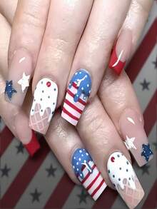 Independence Day Wear Minimalist Blue & White Striped Star & Ice Cream Pattern Fake Nails, Removable - Blue - View 1