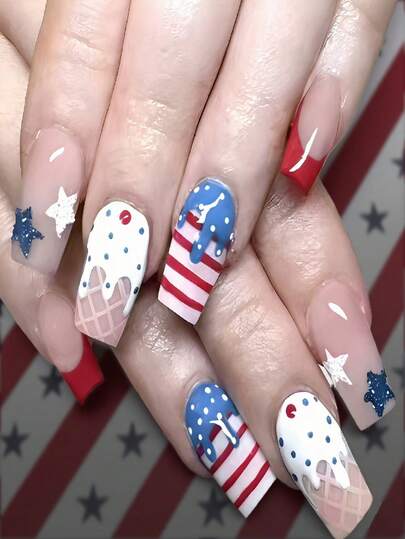Independence Day Wear Minimalist Blue & White Striped Star & Ice Cream Pattern Fake Nails, Removable