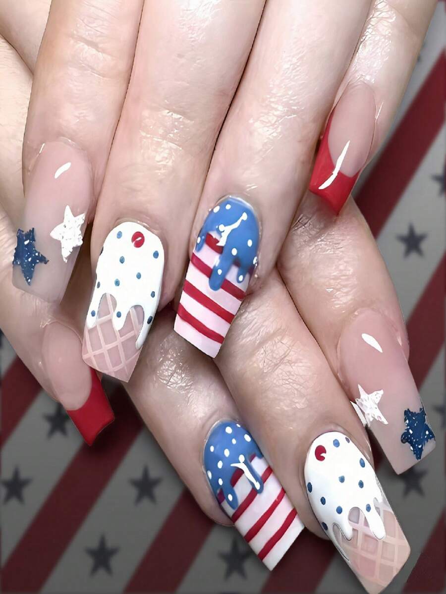 Independence Day Wear Minimalist Blue & White Striped Star & Ice Cream Pattern Fake Nails, Removable - Blue - View 1