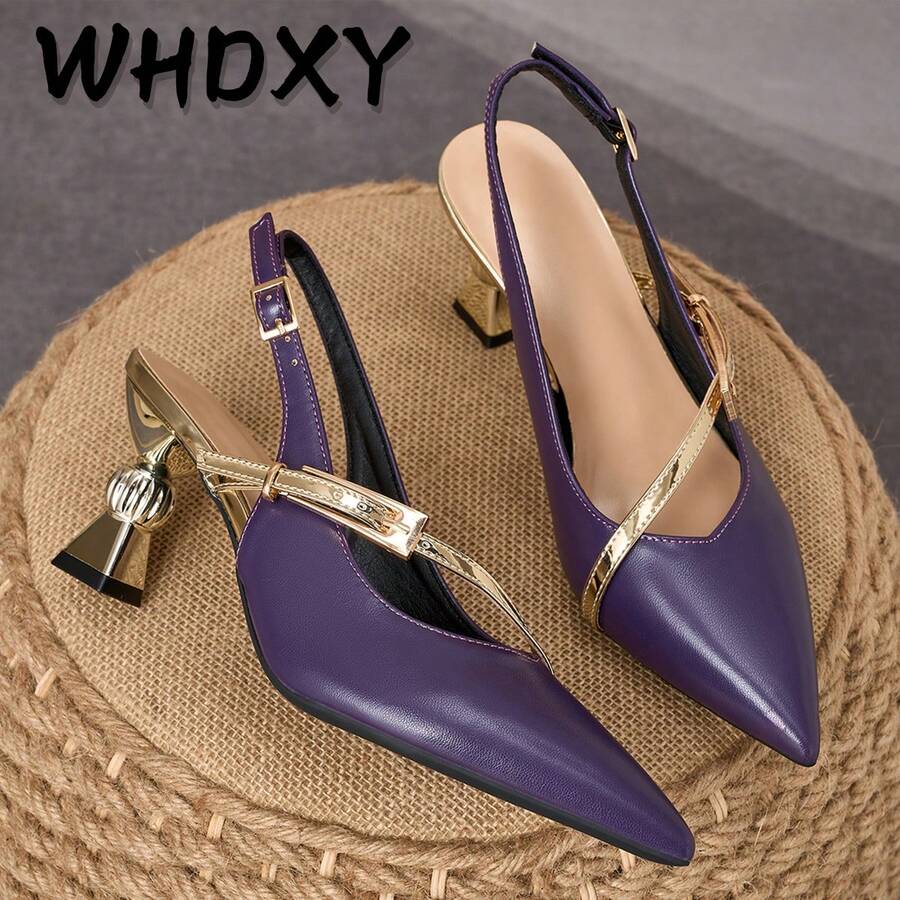 WHDXY French Purple Pointed Toe Backless Sandals, Asymmetric Heel Metal Buckle High Heels, Commuting & Date Elegant Pumps For Women - Purple - View 1