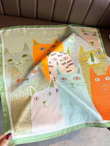 1pc Women's Elegant Fashion Cat Printed Thin Style Faux Silk Scarf,Boho Vintage Casual Satin Square Scarf, Bandana,Elegant Women's Neck Scarf,Shawl - Multicolor - View 2