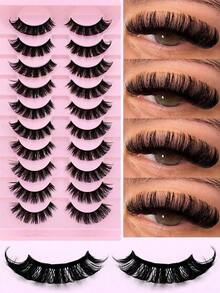 10 Pairs D Curl Russian Strip False Eyelashes Cat Eye Lashes Natural Look Fluffy Faux Mink Lashes Volume Wispy Long Foxy Eye Lifting Look Fake Eyelashes Strip Lashes, Lashes, Eyelashes, Fake Lashes - Black, One Size Fits All - View 7