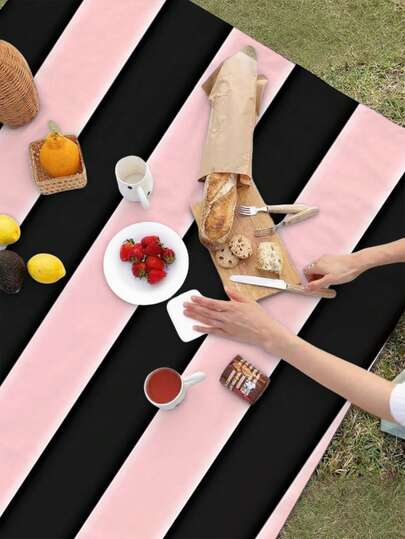 1件户外桌布，黑粉条纹，适用于户外餐桌、草坪、露营、阳台、花园派对，可机洗，户外装饰