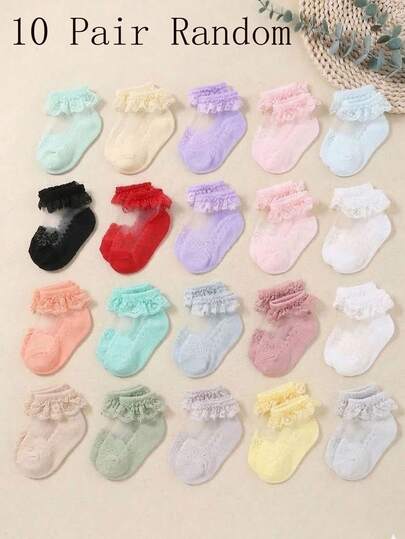 10/5/1 Pair Random Color Baby Girl Lace Trim Dance Socks, Sheer Mesh Princess Socks, Matching All Outfits And Dresses, Suitable For Daily Wear And Gift, 0-3 Years Old, Valentine's Day & Thanksgiving Gift