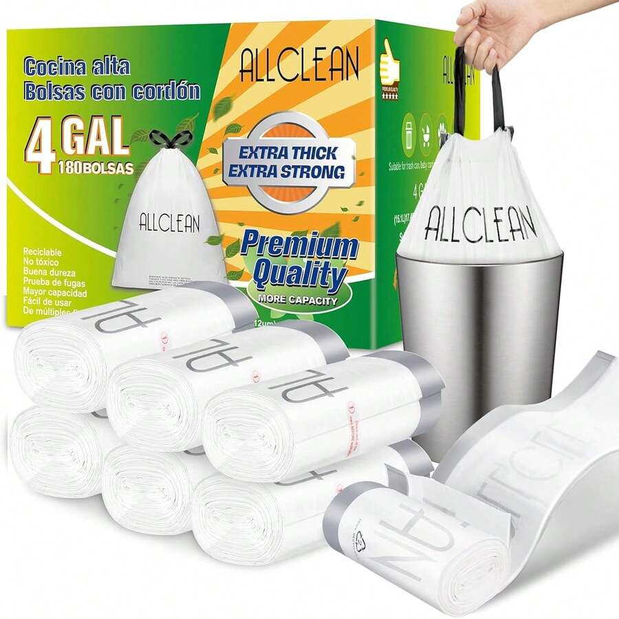 ALEAN 4 Gallon Trash Bags, 180 Counts (6 Rolls) Unscented Dstring Garba Bags, Extra Thi Trash Can Liners For Bathroom, Office, Kitchen, 10-15L Small Trash Bins Variant 4 - Thùng 4 gallon màu trắng (180 chiếc) - Xem 1