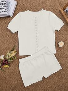 2pcs Women Short Sleeve Round Neck Multi-Button Knit Cardigan Top Paired With Elastic Waist Fitted Shorts, Casual Spring Outfit White - White - View 4
