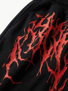 FRACTYR Men's Summer Casual Street Fashion Gradient Black Thorn Death Metal Text Graphic Loose Breathable Double-Sided Print Long Pants - Black - View 9