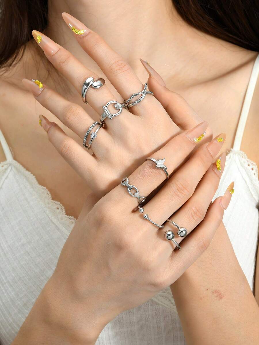 8pcs Stainless Steel Butterfly Criss-Cross Ball Spiral Rhinestone Rings, Suitable For Daily Wear, Festivals, Dates - Silver - View 1