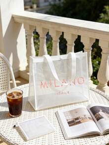 2件組「MILANO ITALY」印花網眼托特包套裝，大容量白色網眼沙灘包附配套化妝包，透氣透明肩背包，適合海灘與旅行，夏季度假、購物及日常使用之理想選擇，適用於女性、青少年與時尚愛好者，春假、海灘旅行與送禮之完美之選，可作為沙灘托特包、購物袋及化妝收納袋等多功能使用 - 彩色 - 查看 10