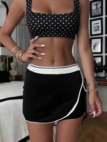 2026 Summer Women's Commuter Skort, Casual Sports High Waist Contrast Color Trim Bodycon Shorts, Suitable For Work, Daily Wear, Business Casual Outings - Black and White - View 7