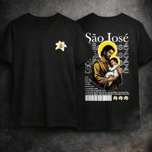 Unisex Catholic T-Shirt With Saint Joseph Print, 100% Cotton - màu đen - Xem 1