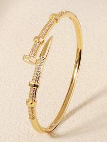 1件装奢华立方氧化锆密镶铆钉设计开口手镯，18K镀金街头风手镯，女士珠宝礼品 - 彩色 - 查看 14