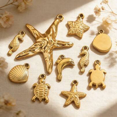 5 件套 304 不锈钢镀 18K 金海星、海马及其他海洋主题吊坠，不锈钢吊坠 DIY 饰品，可用于制作项链和手链，女士不锈钢饰品，适合女士夏季海滩度假和日常佩戴