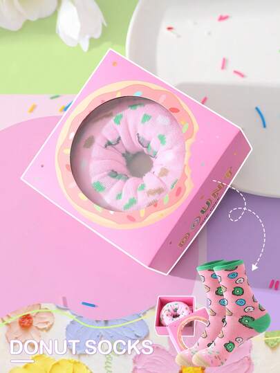 1 双多色中筒袜，男女通用情侣套装，柔软甜甜圈设计趣味袜子，创意美食图案，舒适百搭，适合生日、情人节、复活节、斋月、约会、家庭聚会、派对和节日等场合。