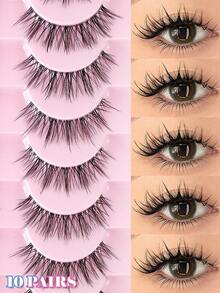 MAANGE 10 Pairs Cartoon Style Natural Thin False Eyelashes - Transparent Band Faux Mink Cat Eye Lashes, Create Natural Daily Makeup - Reusable, Comfortable, Suitable For Beginners, Translucent Long Anime Korean Style Eyelash Strips - Black - View 5