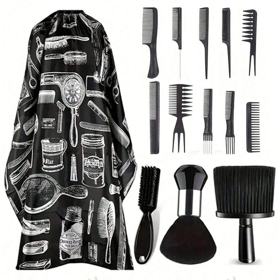 2/14pcs Professional Hairstyling Comb Set, Includes Haircutting Cape, Neck Duster Cape, Hairdressing Apron, Coloring Cape, Cleaning Brush, Spray Bottles (For Styling, Alcohol, Pressure), Hairstyling Tools And Accessories. Suitable For Hair Salons, Beauty Parlors And Back To School Season. - Black - View 1