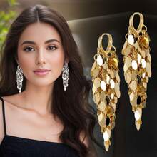 1 Pair Of Charming Women's Shiny Pendant Earrings, Latest Fashion Jewelry, High-Quality Iron Leaf-Shaped Tassel Earrings, Exquisite Party Accessories, Ideal Birthday Gift - 金色 - 查看 5