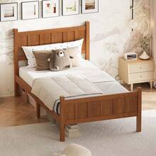 MERAX Twin Size Flat Panel Bed With Headboard & Footboard, Minimalist Modern Platform Bed With Wood Grain Finish, Shaker And Farmhouse Style Design, Sleek And Functional Bedroom Furniture,Light Walnut - Walnut(Twin Size) - 查看 2