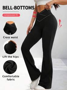 Women's High Waist Crossover Flare Leg Yoga Pants, Tummy Control 4-Way Stretch Breathable Workout Leggings, Casual Outdoor Sports Trousers, Multiple Color Options# Casual Leggings#Leggings For Women#Tummy Control Shapewear - Black - View 4