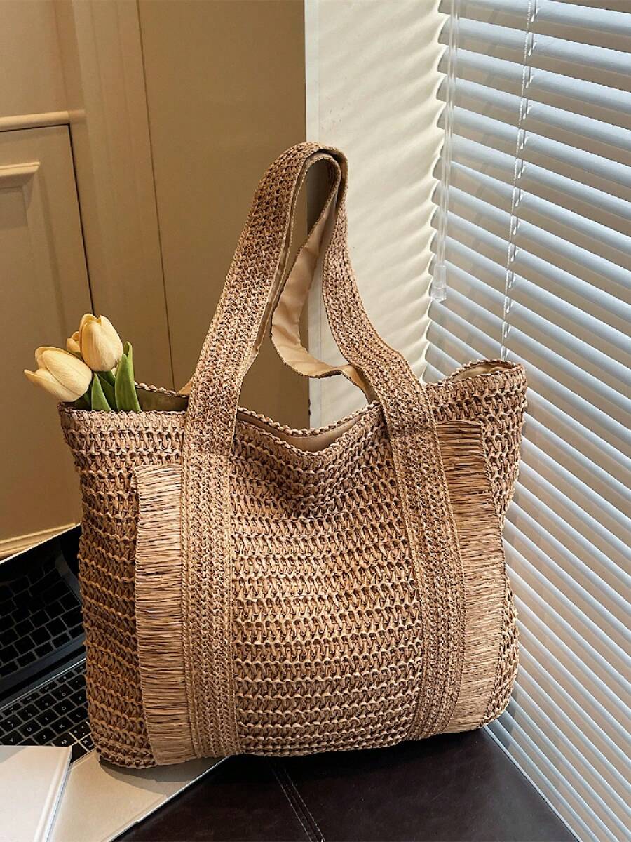 Large Capacity Woven Tote Bag, Versatile Handbag/Shoulder Bag Suitable For Beach, Daily Outing, Vacation