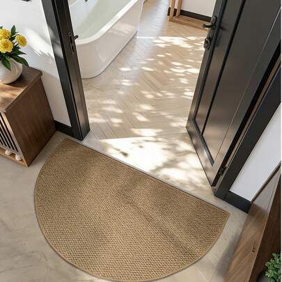 1 pieza Alfombra de baño en forma de medio círculo de color camello de imitación de yute, súper absorbente, antideslizante y de secado rápido, lavable a máquina, ligera y suave, adecuada para sala de estar, dormitorio, estudio, entrada, comedor, lavandería, ducha, bañera, pisos, decoración personalizada del hogar, alfombra de baño, alfombra de sala de estar, alfombra de dormitorio, alfombra de cocina, decoración de baño, alfombra de baño, felpudo, alfombra de entrada, decoración del hogar de primavera/verano