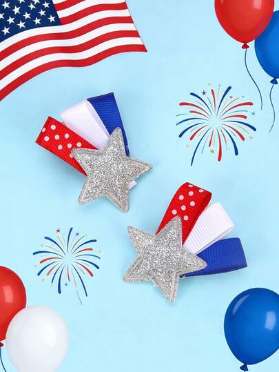 2PCS Independence Day Hair Clips For Girls 4th Of July Glitter Star Multicolor Glitter Star Fabric Bow Hair Clips, Red&Blue American Flag Print Bow Hair Clips, Polka Dot Personalized Alligator Clips For Holiday Party Hair Barrettes Teens Hair Accerssories