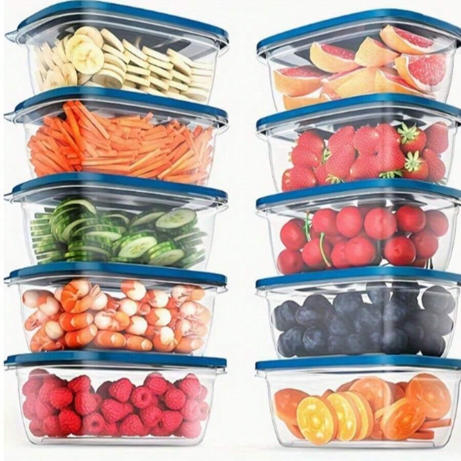 6-Piece Transparent Plastic Food Storage Containers With Blue Stackable Lids, Reusable For Kitchen Rice, Grains, Meat, Fruits, And Vegetables, Dishwasher And Microwave