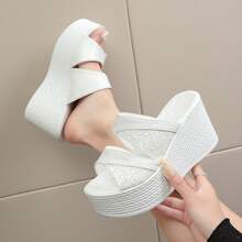 女士休闲白色压纹夏季拖鞋，交叉绑带设计，厚底坡跟，一脚蹬夏季拖鞋 - 白色 - 查看 14