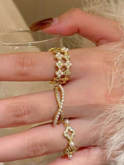 rundraw 1 chiếc nhẫn mới về, kiểu dáng hình học rỗng, hai lớp, đính hoa và ngọc trai giả, đá Zirconia, chất liệu đồng cao cấp, nhiều màu sắc, thích hợp cho các bữa tiệc, dạ hội, đám cưới, đeo hàng ngày và làm quà tặng cho bạn bè và người thân.