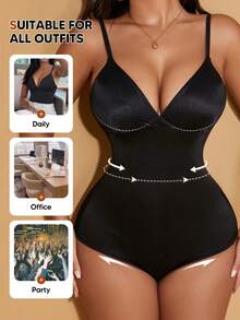 Women's Deep V-Neck Shaping Jumpsuit With Triangle Cups, Waist Cincher And Butt Lifter, Perfect As Layering Undergarment - Black - View 6