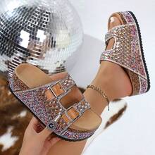 Summer New Rhinestone Beach Sandals For Women 2026, Large Size Double Buckle Cork Thick-Soled Slide Sandals - 巧克力色 - 查看 2
