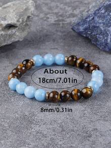 YAUKIA 1件天然海蓝宝石虎眼石手链，寓意保护、好运，男女皆宜，弹力材质，适合日常佩戴 - 彩色 - 查看 4