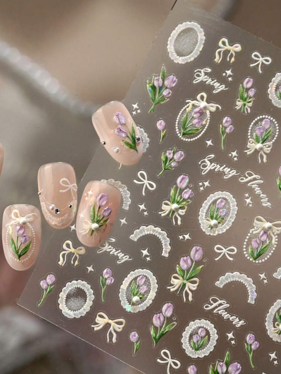 1 pieza Pegatina de arte de uñas 5D con perlas y tulipanes franceses de primavera, decoraciones de uñas con flores de tulipán delicadas y lindas - Multicolor - Ver 1