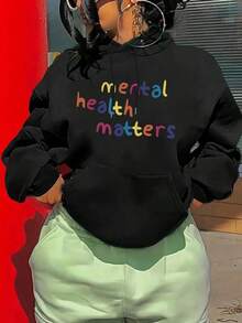 Plus Size Slogan Graphic Pocket Drawstring Thermal Sweatshirt Mental Matters, Winter Fall Autumn - Black - View 7