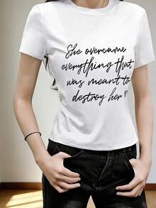 女士圆领短袖T恤 美国辣妹，夏季新款字母印花时尚百搭修身露脐上衣 - 白色 - 查看 2