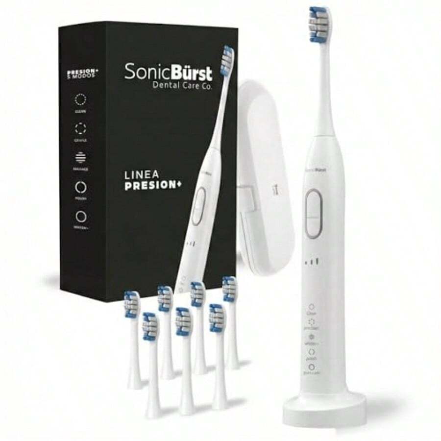 Sonicburst Cepillo de Dientes Eléctrico - 8 Cabezales de Repuesto - Cepillo Dental con Sensor de Presion Integrado - Potencia 45000vpm Remueve 7x mas placa and Cuida tus Encias - 5 Modos and Mode de Carga Wireless - Certificado por la FDA Blanco 8 Cabezales - 2 años - Blanco - Ver 1
