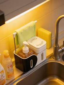 四合一厨房皂液器套装，包含液体皂液器、带海绵架的洗洁精泡沫器、厨房收纳架，以及水槽和台面清洁用品。 - A - 查看 7
