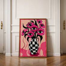 2D Wall Art Decor, Featuring Retro Poster Design With Surreal Pink Eyes And Floral Patterns; Another Piece Is A Minimalist Pink Checkered Vase Canvas Painting, Suitable For Bedroom And Living Room Decoration - G - View 3