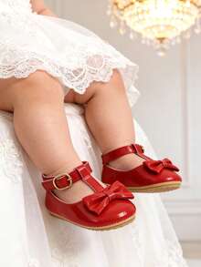 女童玛丽珍平底鞋 - 柔软皮革公主鞋，带蝴蝶结，适合婴儿学步期穿着。红色蝴蝶结玛丽珍平底鞋，适合女童穿着 - 完美适用于婚礼、派对和日常穿着。 - 紅色 - 查看 4