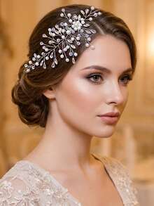 1件奢华简约珍珠水晶手工发箍，适合婚礼、伴娘、派对、摄影、日常佩戴 - 銀色 - 查看 2